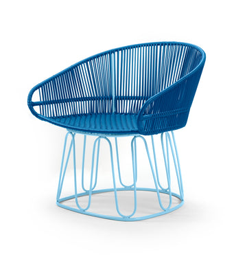 The Ames Circo Leather Lounge Chair by Ames features a rounded backrest and seat of closely woven blue cords on a light blue metal geometric base, shown against a white background.