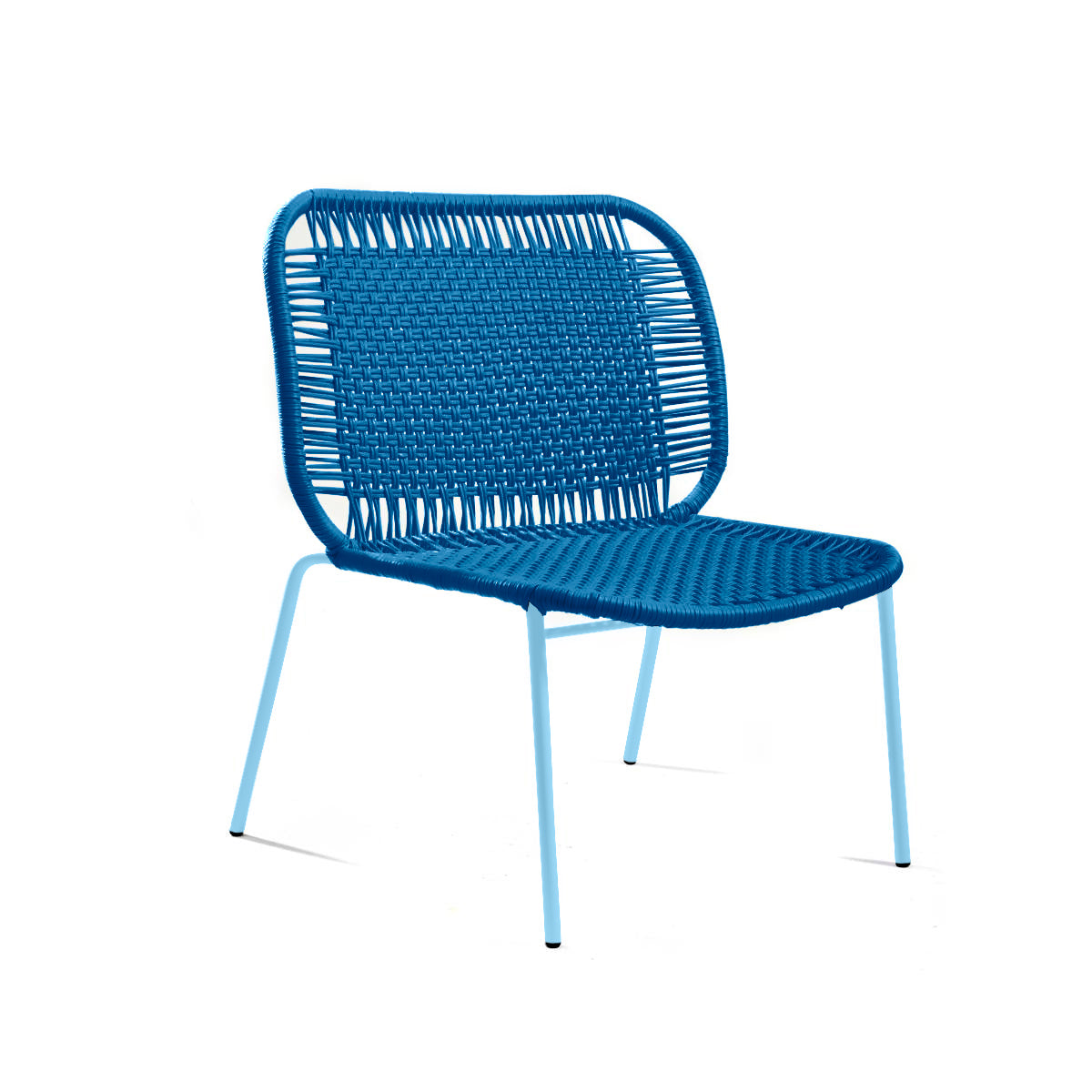 The Ames Cielo Lounge Chair Low by Ames is a modern blue chair with a woven seat and backrest, curved design, and slim light blue metal legs. Stackable for convenience, it's ideal for indoor or outdoor use and shown against a white backdrop.