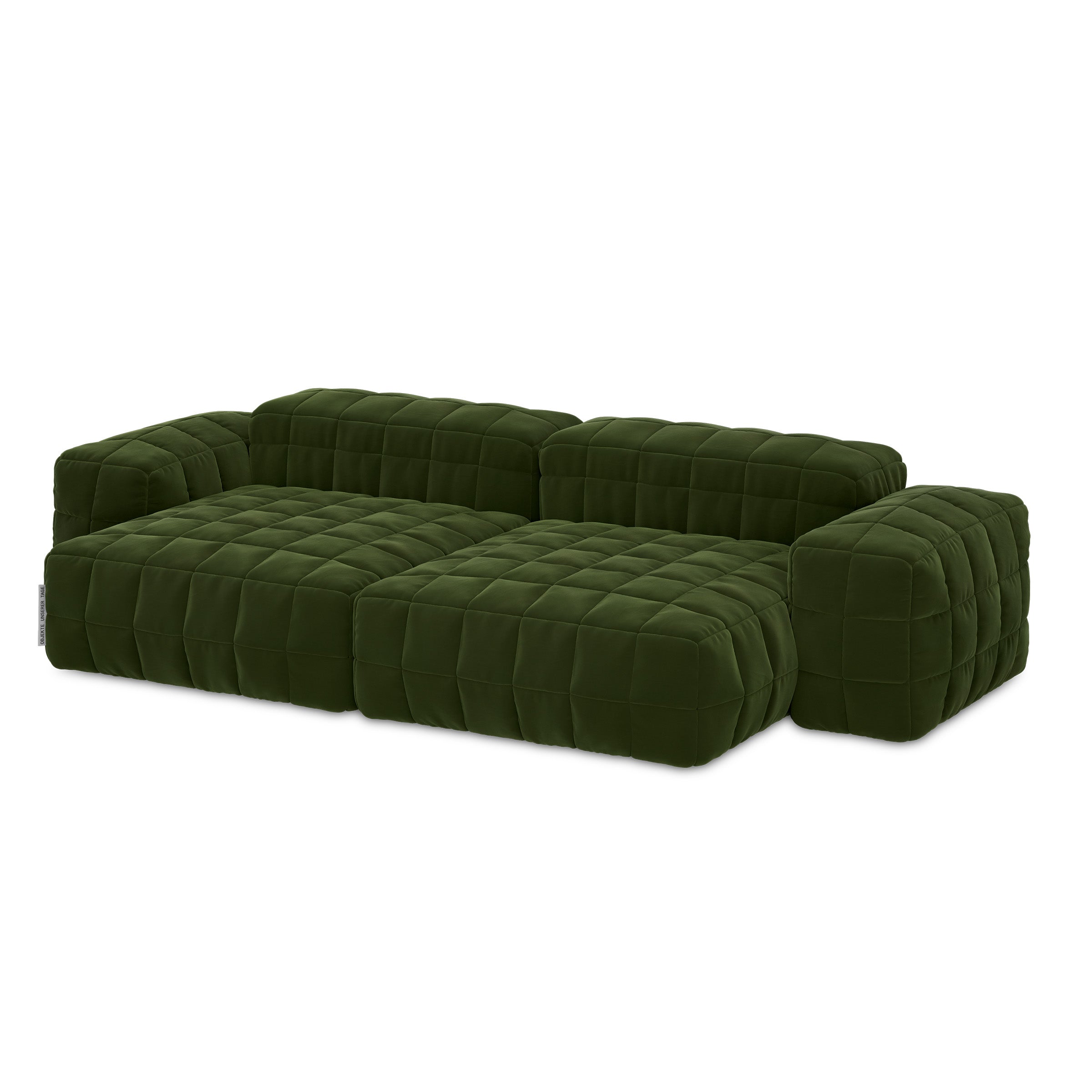 Henn Sofa in deep olive green with plush cushioned modular design and distinctive quilted stitching pattern.