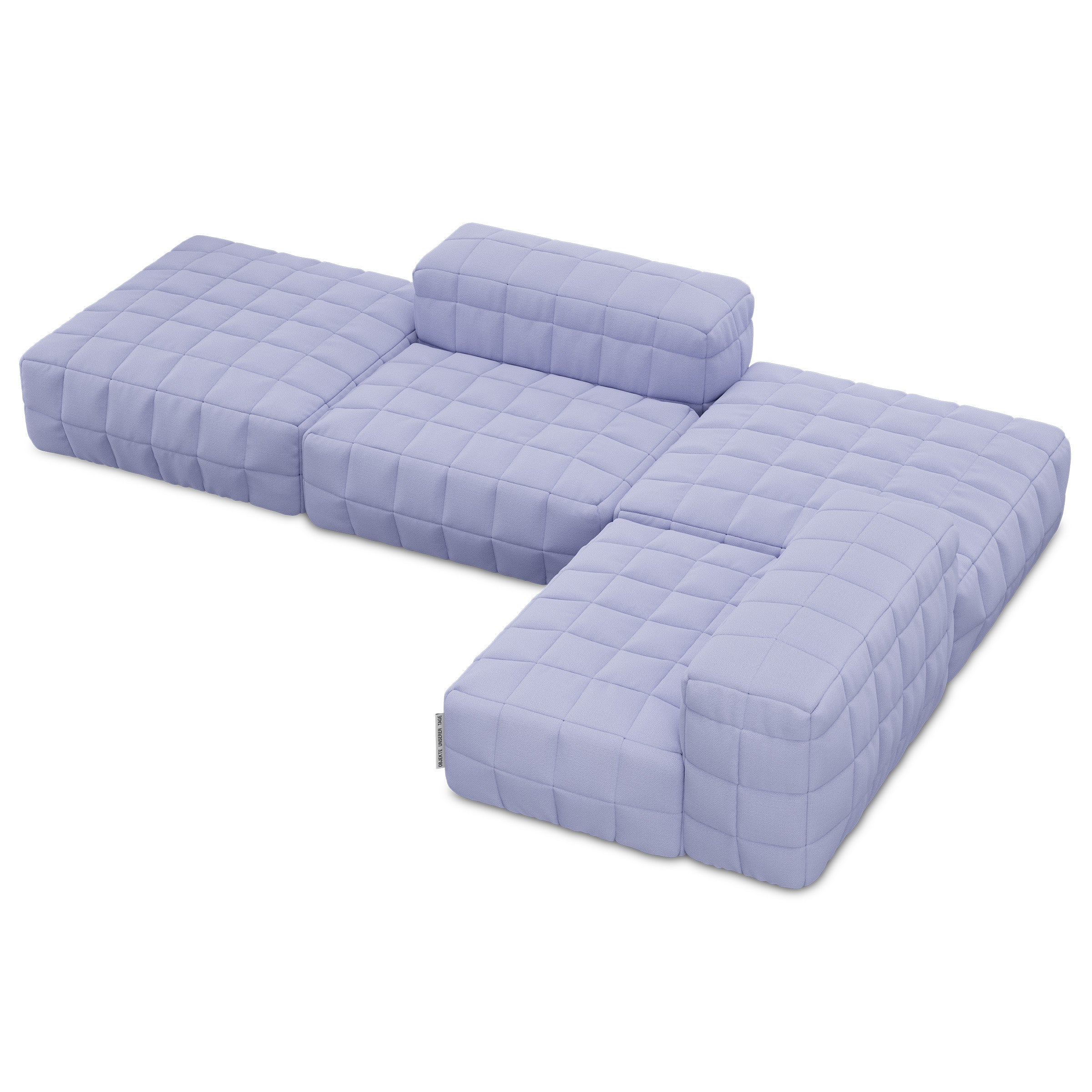 Henn Sofa with modular design, padded cushions, and quilted stitching in soft light blue fabric for cozy comfort.