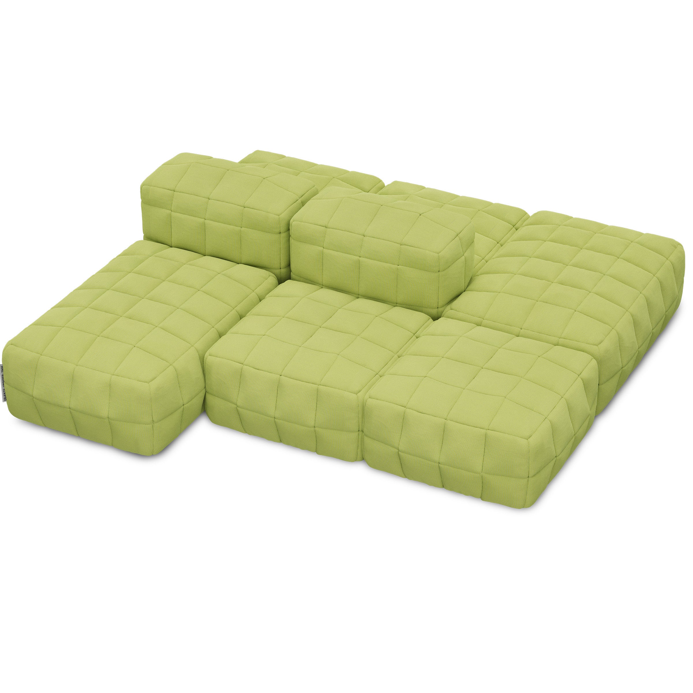 Henn Sofa in modular design with padded, quilted cushions in light green fabric evoking comfort and modern style.