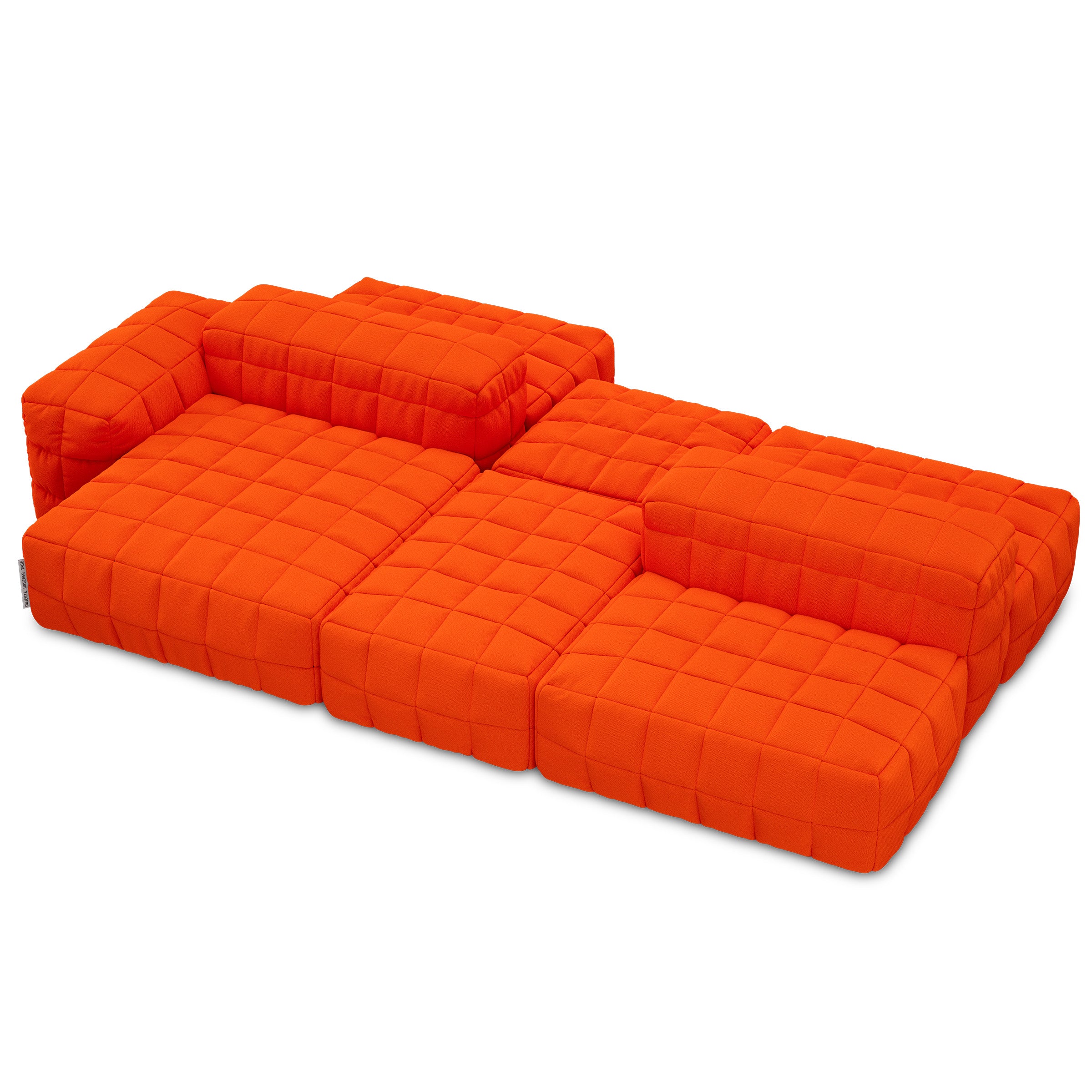 Henn Sofa in vibrant orange with modular Tetris-inspired design and quilted cushion covers for cozy, flexible seating.