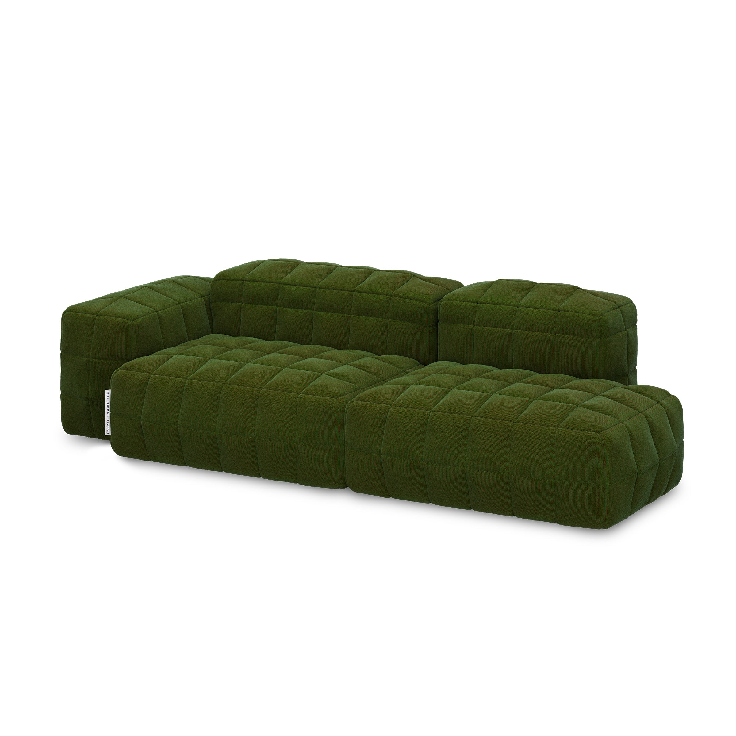 Henn Sofa in deep green with modular design and padded cushion covers featuring symmetrical stitching for cozy comfort.
