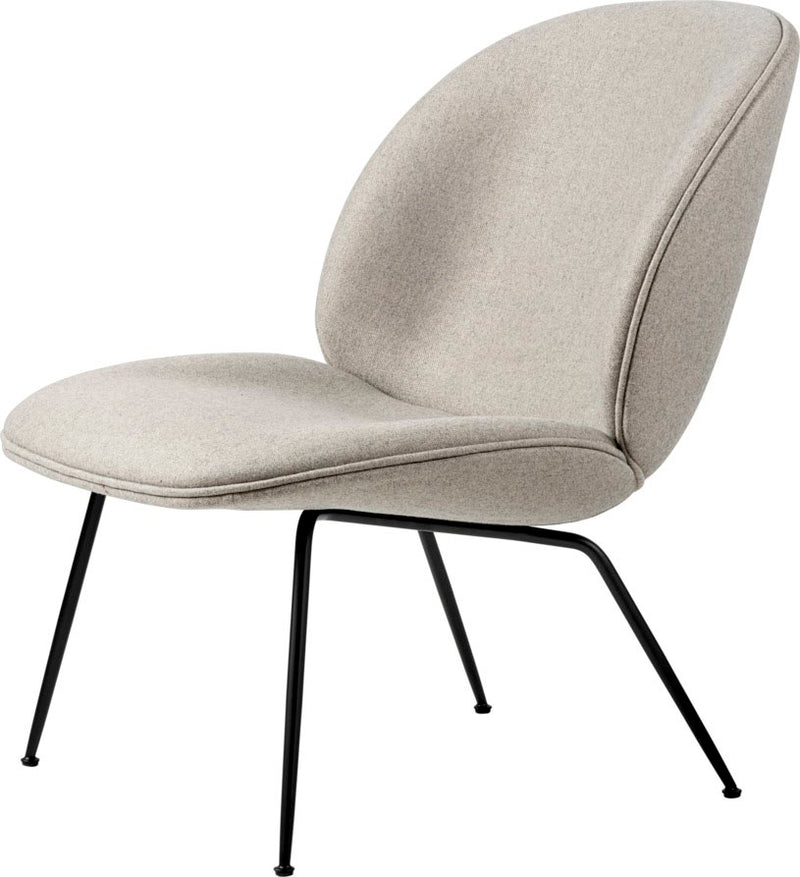 Lounge chair with smooth light gray fabric upholstery and slender angled black metal legs without armrests