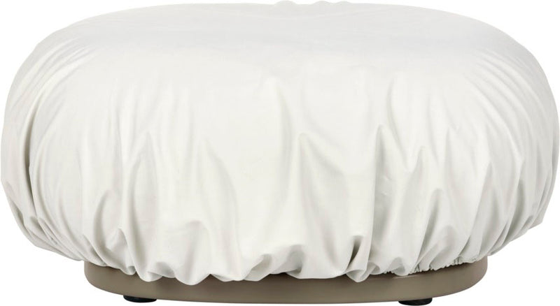 Round ottoman with soft white fabric cover and a smooth beige base with subtle gathered detailing