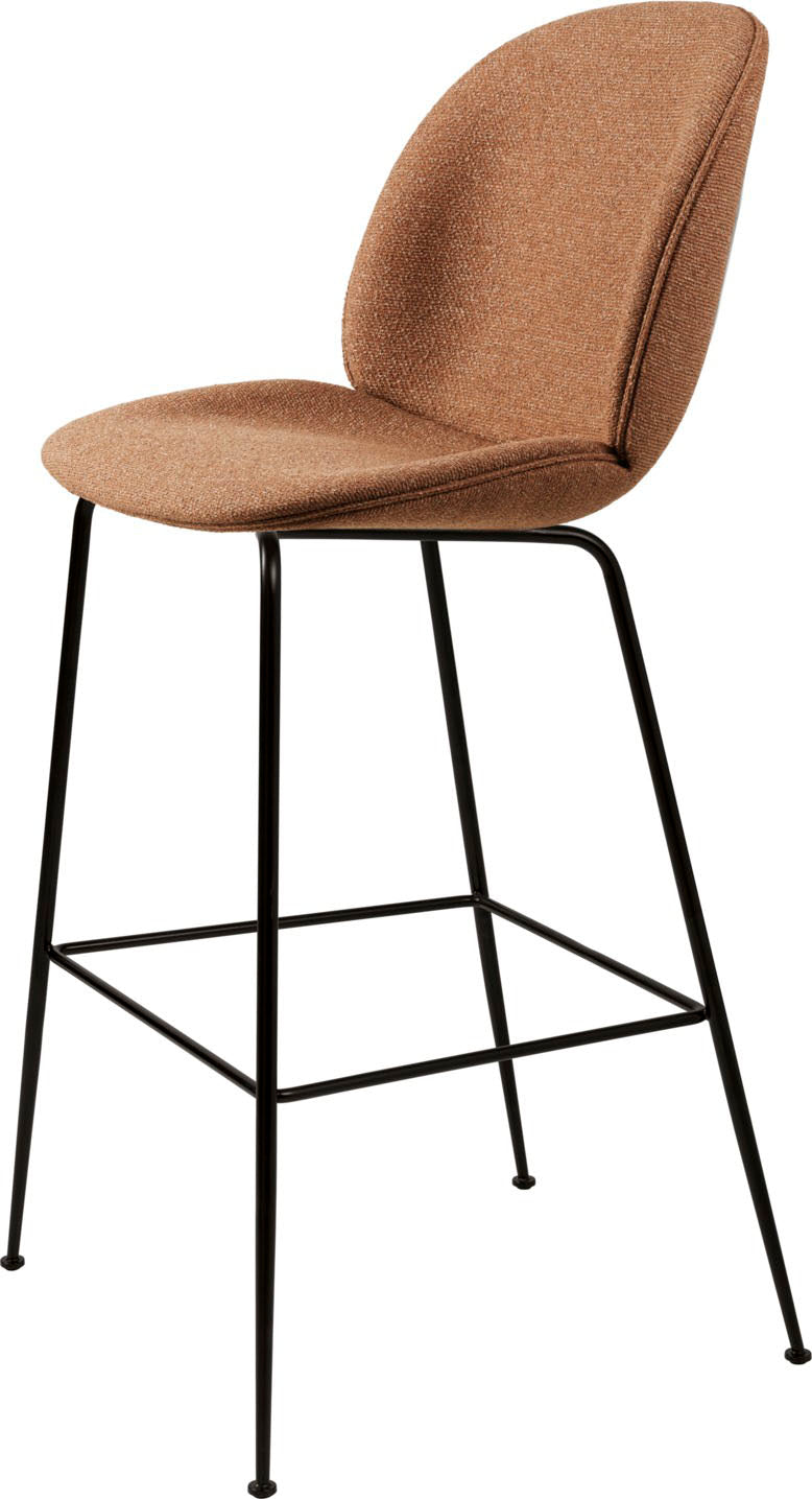 Bar stool with curved warm brown fabric seat and backrest, supported by slim black metal legs with square footrest frame