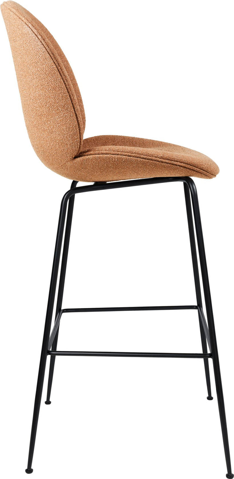 Tall stool with textured tan fabric seat and backrest on thin black metal legs with rectangular footrest bars