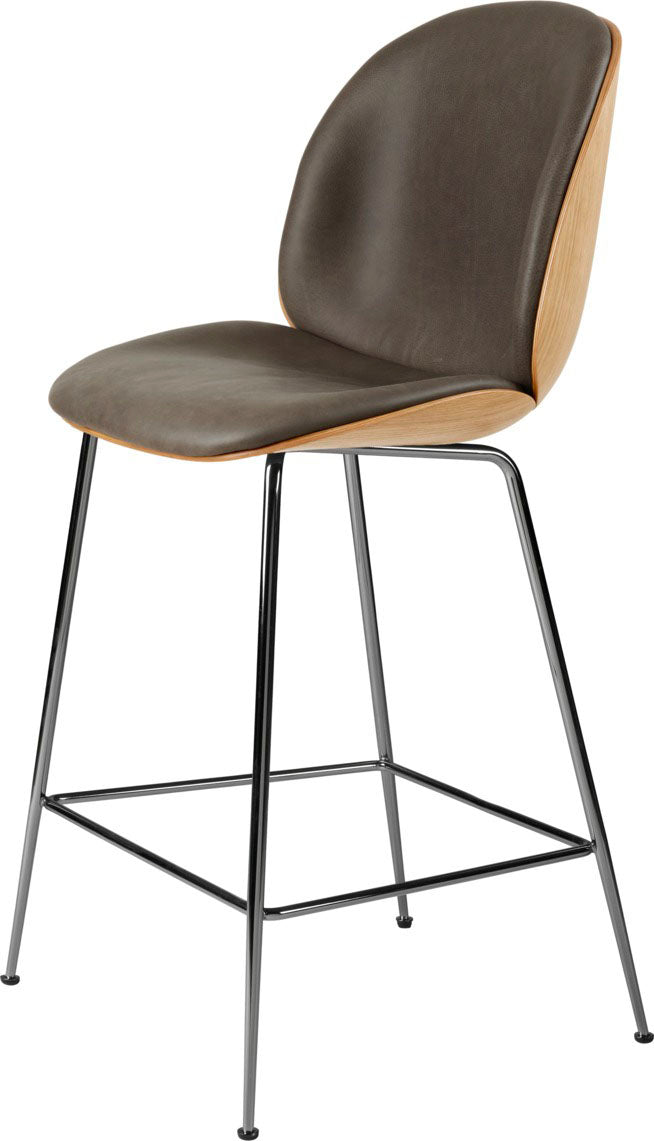 Bar stool with dark brown leather seat and backrest, curved wooden frame, and slender black metal legs with footrest bar
