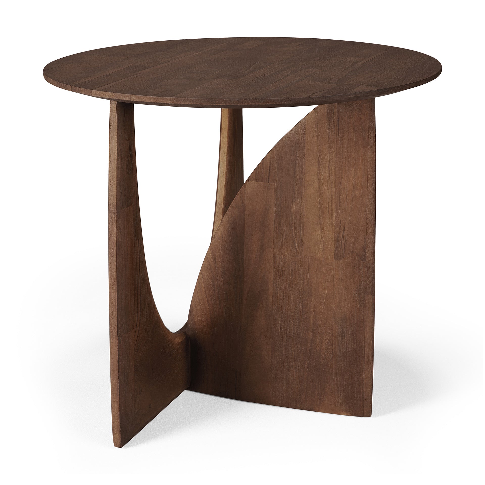 The Ethnicraft Geometric Side Table features a unique round wooden top with intersecting curved and straight panels in a dark brown finish, shown against a white background.