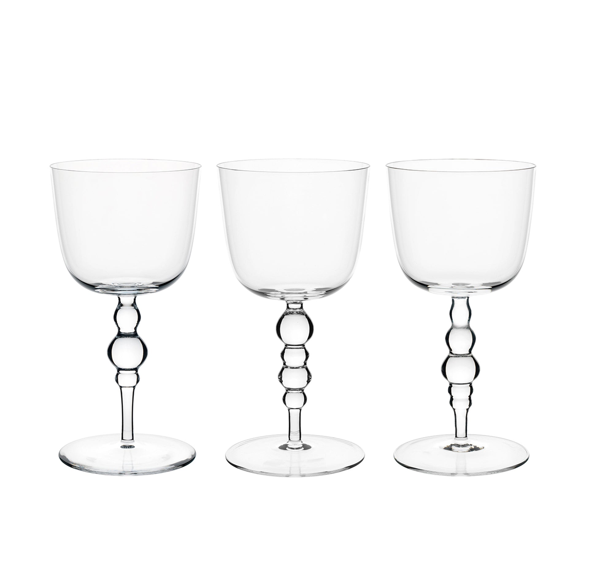 The Poppea Goblets by Lobmeyr feature three transparent wine glasses with elegantly crafted stems and spherical accents, offering a decorative touch reminiscent of a Lobmeyr goblet to the simple, modern glass bowls.