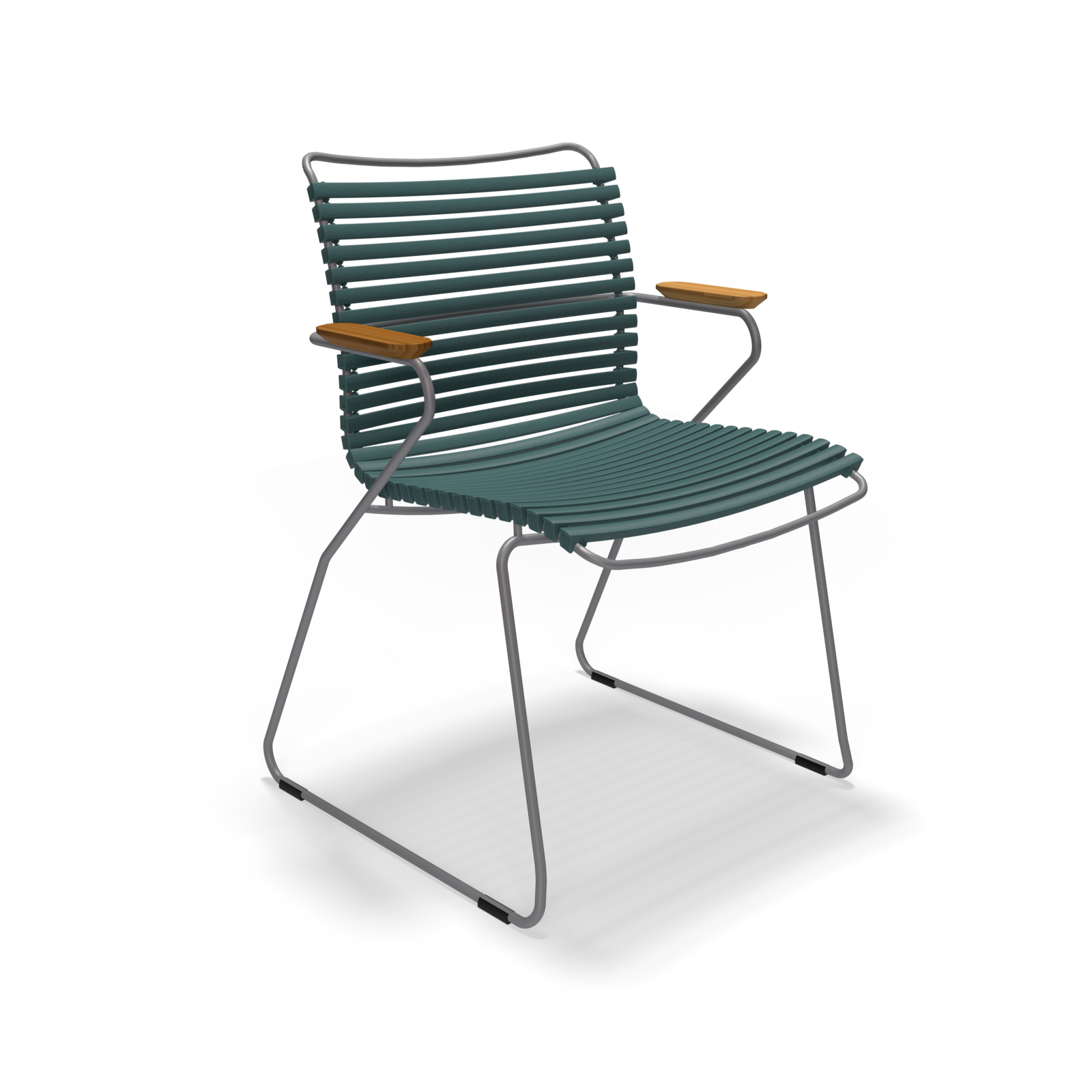 The Click Dining Chair with Armrest by Houe features a modern design, with a metal frame and sleek horizontal slats for the seat and backrest. Its weather-resistant, silver finish includes brown wooden armrest accents and UV protection, blending minimalism with contemporary style.