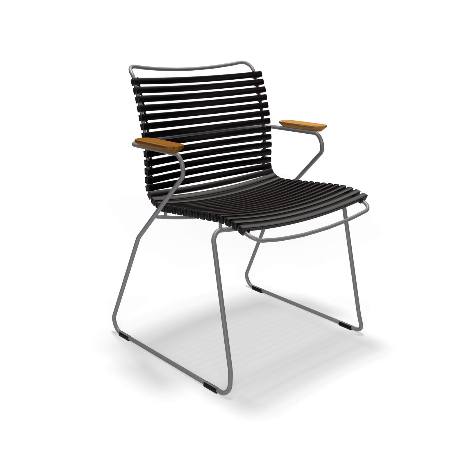The Click Dining Chair with Armrest by Houe features a sleek black metal frame with a slatted seat and backrest enhanced with UV protection. It includes wooden armrest accents and thin, weather-resistant legs for a minimalist, contemporary look.