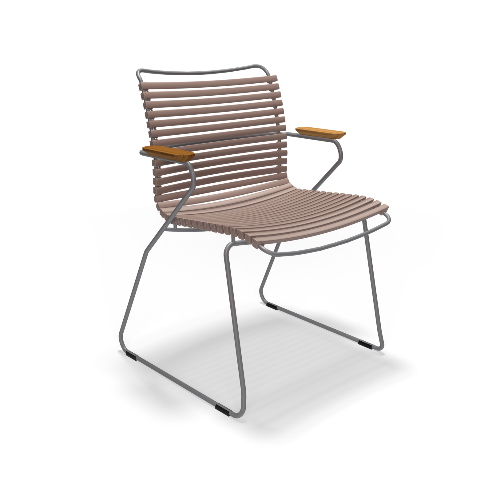 The Houe Click Dining Chair with Armrest, featuring a sturdy metal frame and slatted design in beige, boasts weather-resistant, UV-protected materials. It includes wooden accent armrests, is lightweight, has a contemporary style, and is showcased against a plain black background.