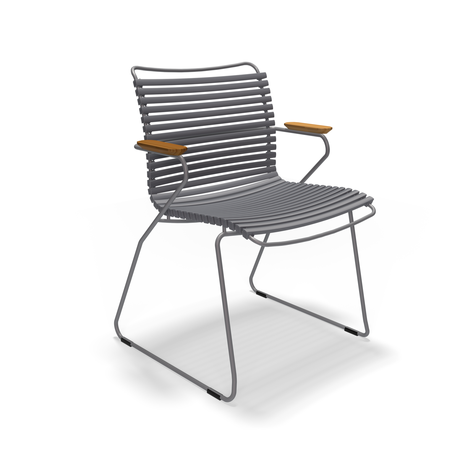 The Houe Click Dining Chair with Armrest is a modern minimalist outdoor chair featuring UV-protected and weather-resistant materials, metal rods for the seat and back, sleek angled legs, and wooden armrests, all set against a black background.