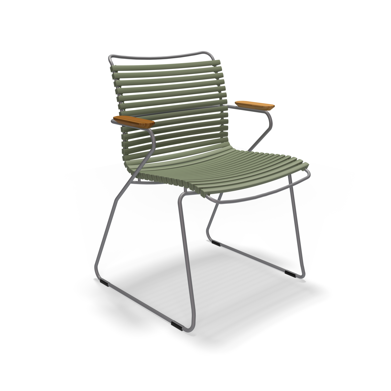 The Houe Click Dining Chair with Armrest features a modern design, showcasing a sleek metal frame with horizontal green slats for the seat and backrest, UV-protected light brown wooden armrests, and a weather-resistant minimalistic style against a plain black background.