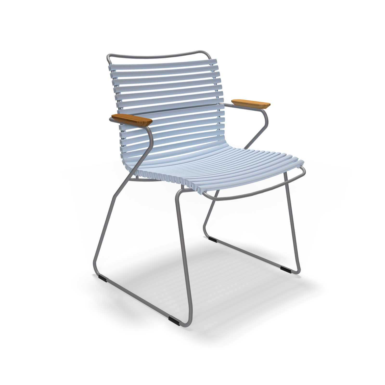 The Click Dining Chair with Armrest by Houe is a modern metal chair featuring horizontal slats on the seat and backrest, thin angled legs, and wooden armrests. Its sleek, minimalist, weather-resistant design makes it ideal for outdoor use, elegantly combining durability with style.