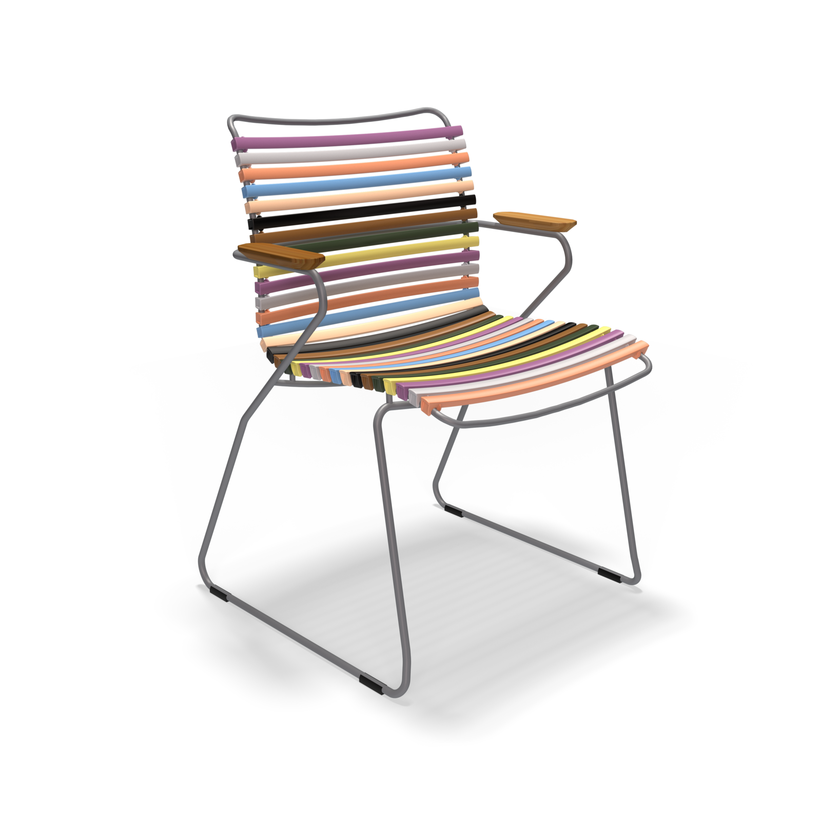 The Click Dining Chair with Armrest by Houe features a sleek metal frame, colorful UV-protected horizontal slats for the seat and backrest, wooden armrests, and a modern bright design. The weather-resistant chair stands out against a black background.