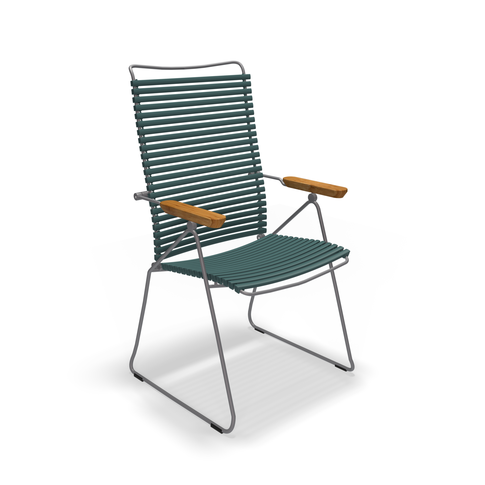 The Click Position Chair by Houe features a modern design with weather-resistant dark green slatted plastic lamellas, wooden armrests, and a thin metal frame with angled legs, making it perfect for any patio setting.