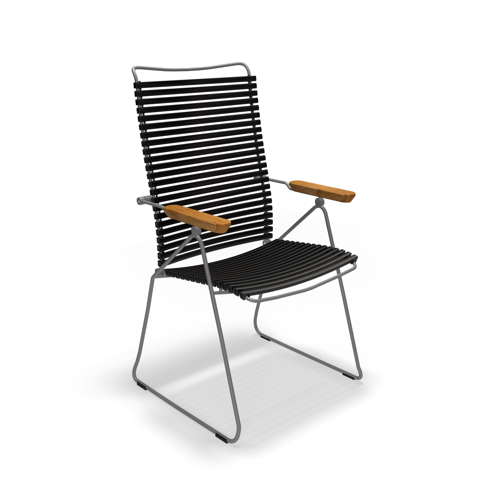 The Click Position Chair by Houe is a black outdoor chair with a sleek, minimalist design, weather-resistant horizontal slats, and a sturdy black metal frame. It features wooden armrests and a slightly reclined back for added comfort.