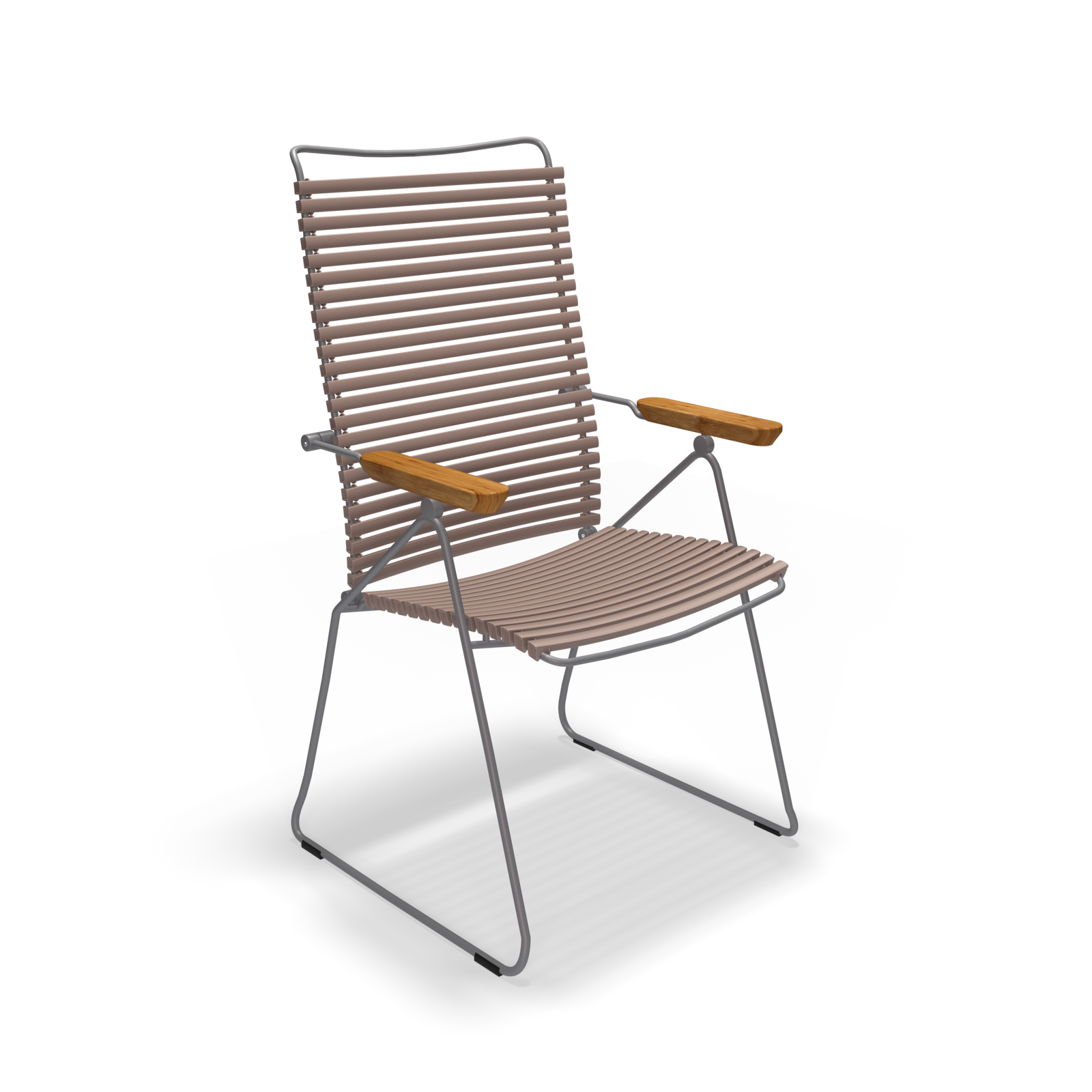 The Click Position Chair by Houe is a modern, minimalist chair with a metal frame and weather-resistant wooden slats for the seat and backrest. Its sleek design, featuring wooden armrests, makes it perfect for both indoor and outdoor settings.