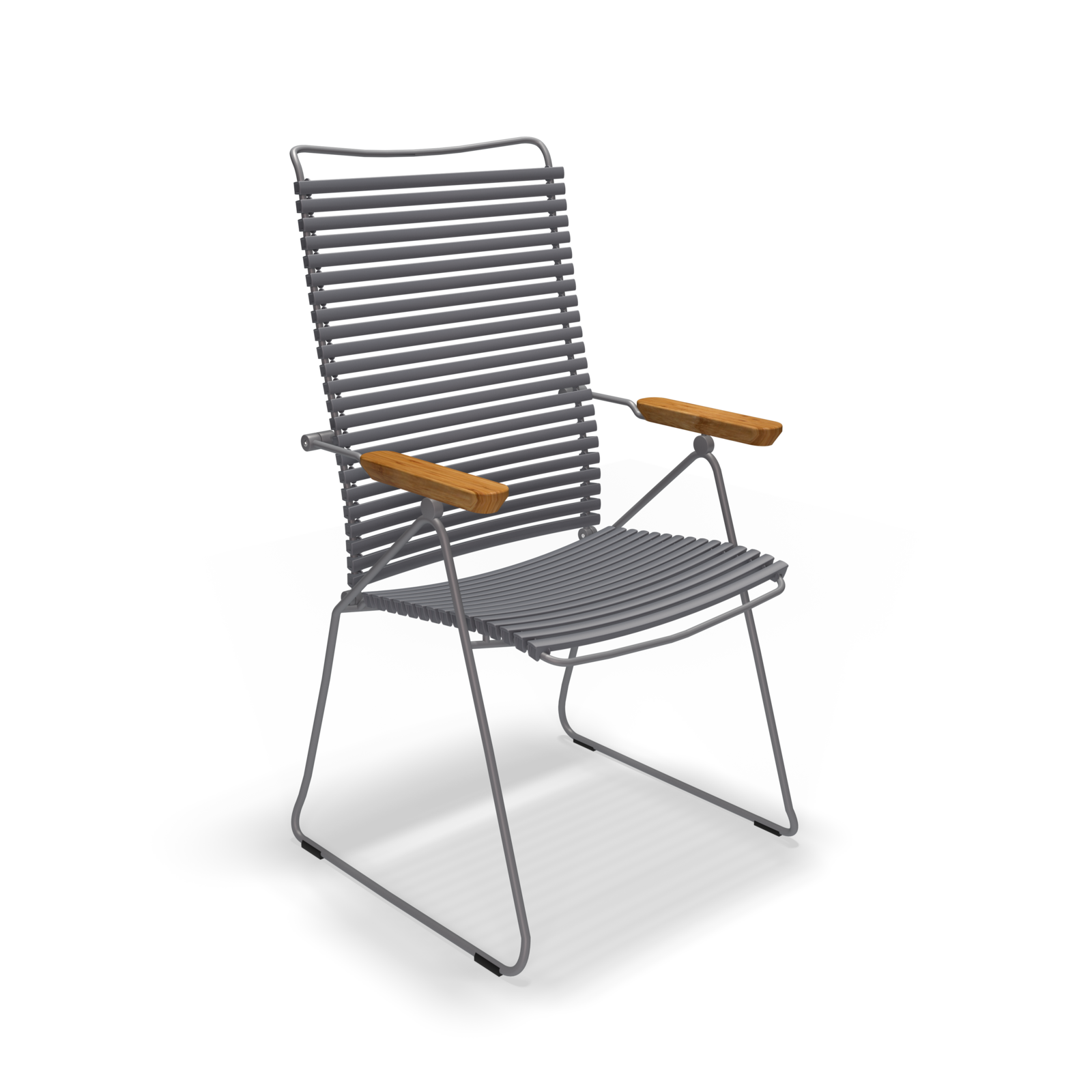 The Click Position Chair by Houe is a modern outdoor chair with a metal frame and weather-resistant design, featuring wooden armrests, plastic lamellas, a slightly reclined backrest, and a minimalist pipe-style base—ideal for any open-air setting.