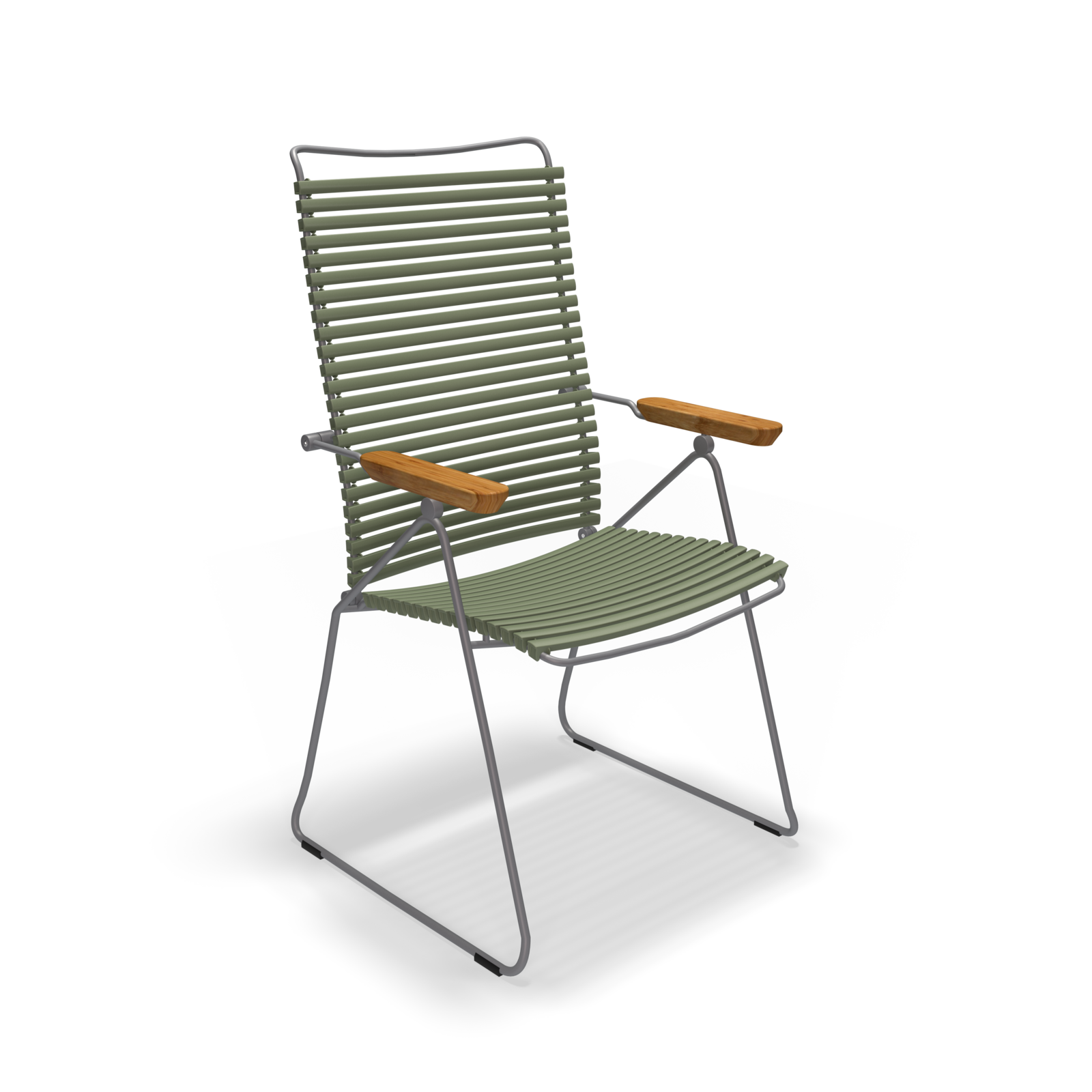 The Click Position Chair by Houe is a modern outdoor chair featuring a green slatted design with weather-resistant plastic lamellas, a sturdy metal frame, wooden armrests, and a high back. Its sleek, minimalist style makes it perfect for any patio.