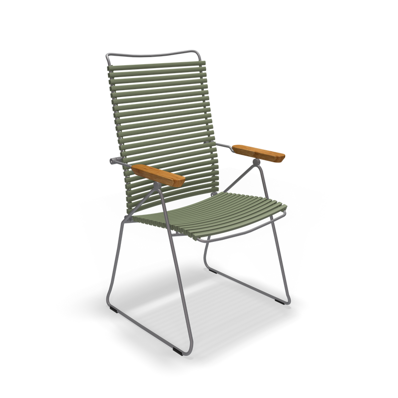 The Click Position Chair by Houe is a modern outdoor chair featuring a green slatted design with weather-resistant plastic lamellas, a sturdy metal frame, wooden armrests, and a high back. Its sleek, minimalist style makes it perfect for any patio.