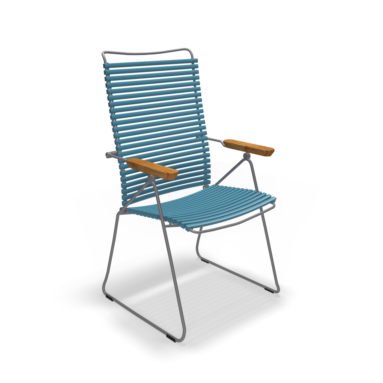 The Click Position Chair by Houe is set against a black background, featuring a blue rope design with a metal frame and wooden armrests. Its crafted for modern outdoor spaces using weather-resistant materials and showcases slat-style seating and backrest.