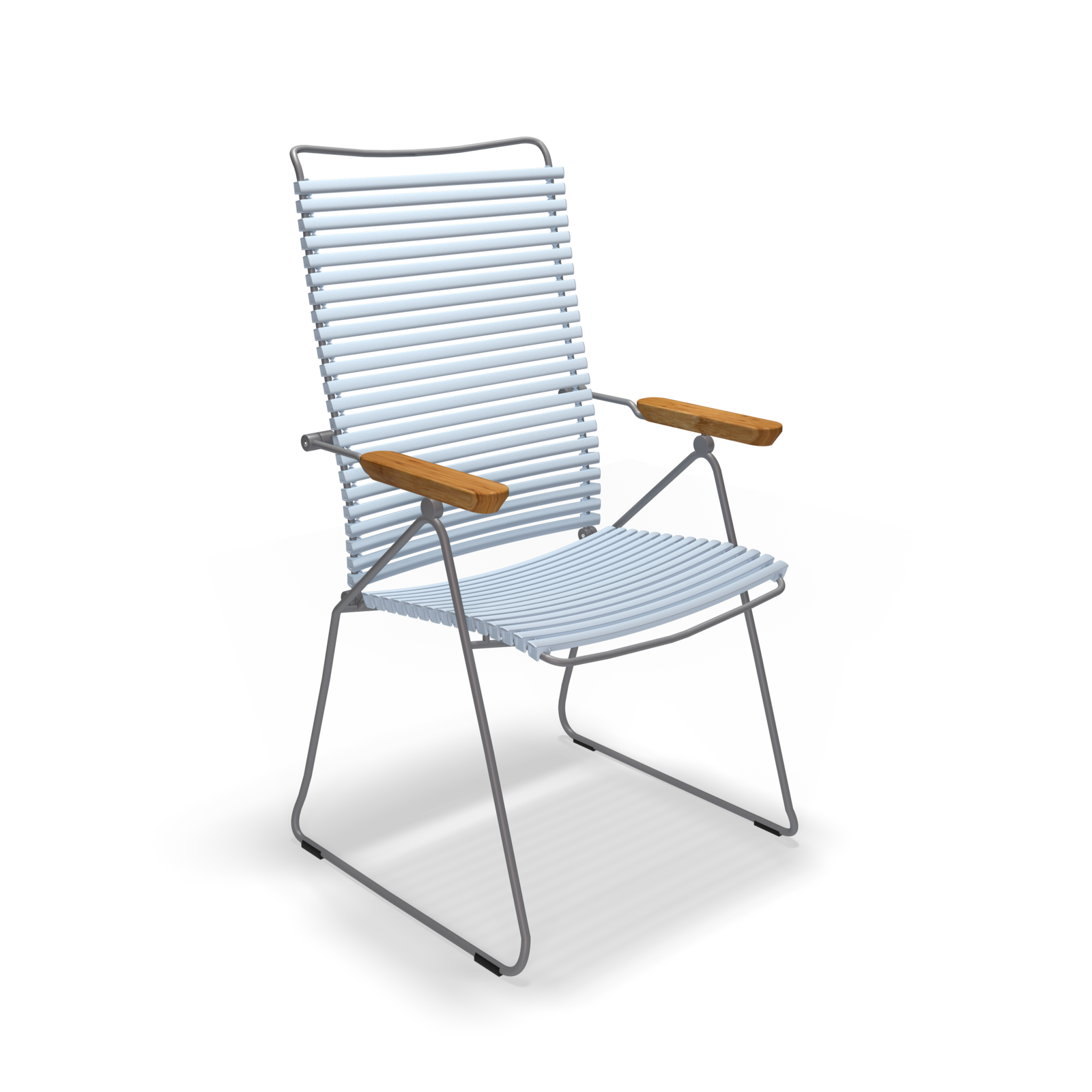 The Click Position Chair by Houe is a modern outdoor chair with a sleek metal frame, weather-resistant plastic lamellas for the backrest and seat, and wooden armrests, blending contemporary style with classic elements.