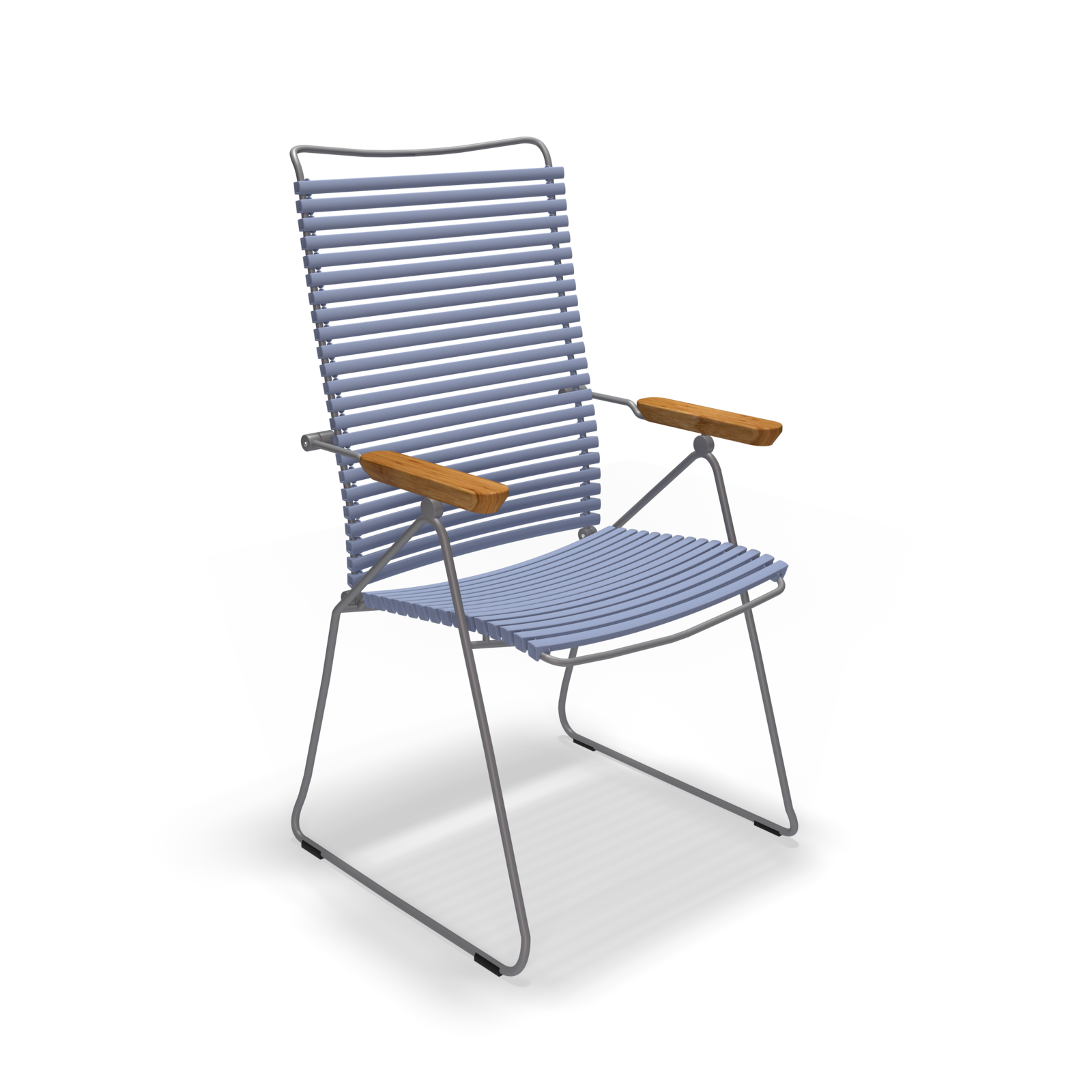 The Click Position Chair by Houe is a modern, minimalist outdoor chair with a blue slatted seat and backrest. Its weather-resistant design features a sleek metal frame and wooden armrests, making it perfect for any patio setting.