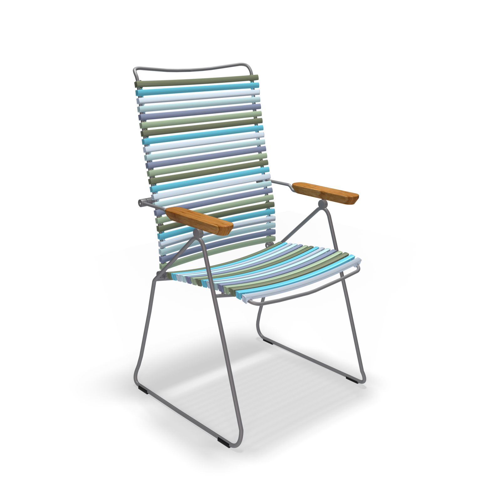 The Click Position Chair by Houe is a striped folding lawn chair with a metal frame, ideal for outdoor relaxation. It features blue, green, and white plastic lamellas on the seat and backrest, weather-resistant wooden armrests, and stands out against a plain black backdrop.