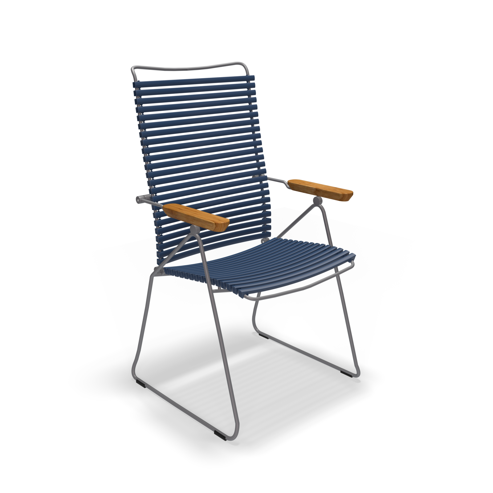 The Houe Click Position Chair is a modern outdoor chair with a sleek metal frame, weather-resistant slatted navy blue seat and backrest, and wooden armrests. Its minimalist design makes it ideal for any patio or garden setting.