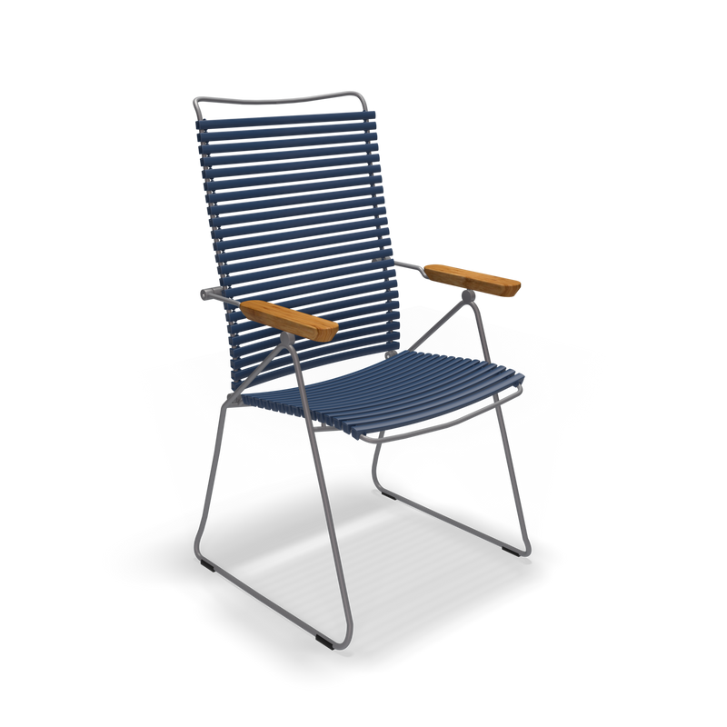 The Houe Click Position Chair is a modern outdoor chair with a sleek metal frame, weather-resistant slatted navy blue seat and backrest, and wooden armrests. Its minimalist design makes it ideal for any patio or garden setting.