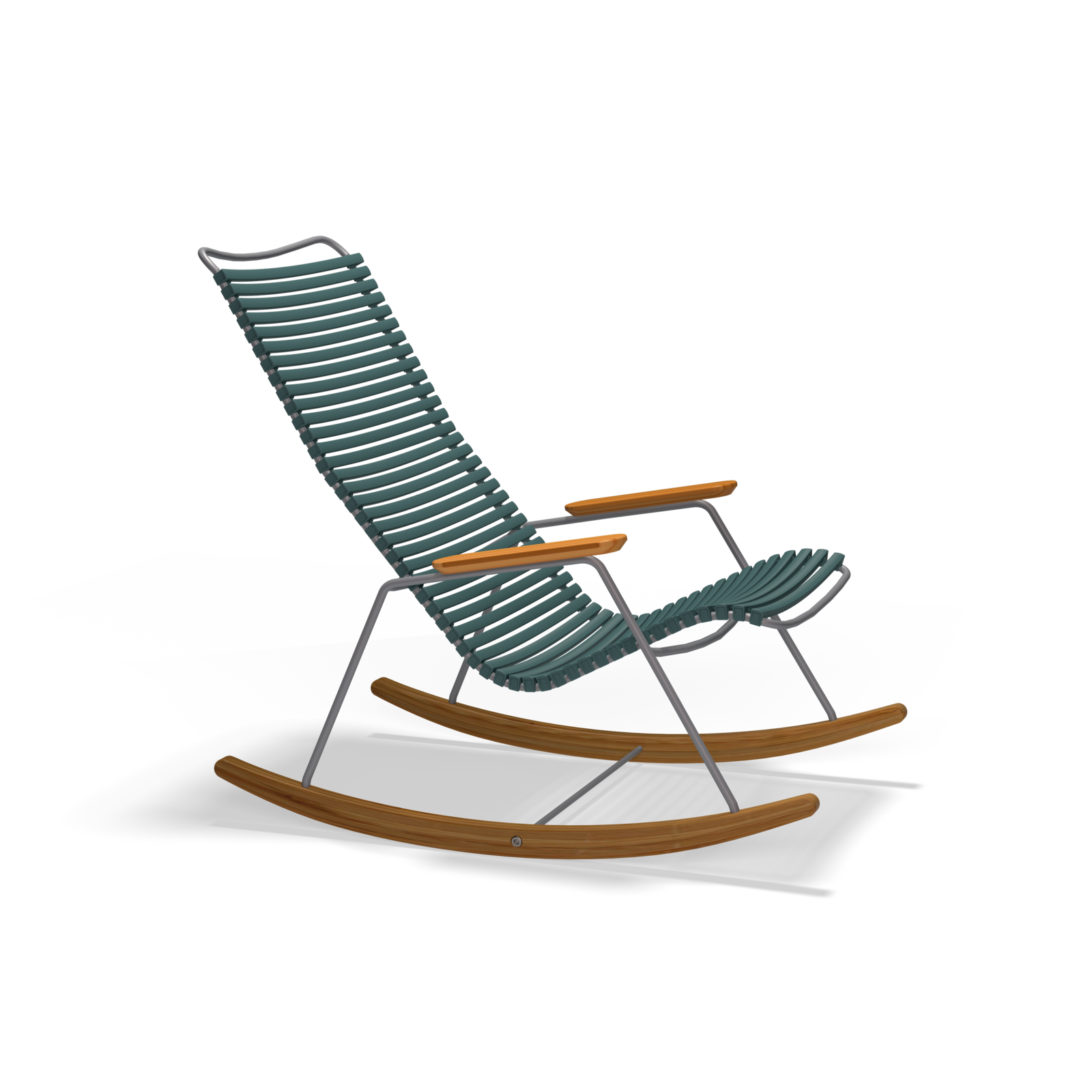 The Click Rocking Chair by Houe boasts a sleek metal frame made from powder-coated steel, a green ribbed cushion, and stylish wooden armrests and rockers against a black background.