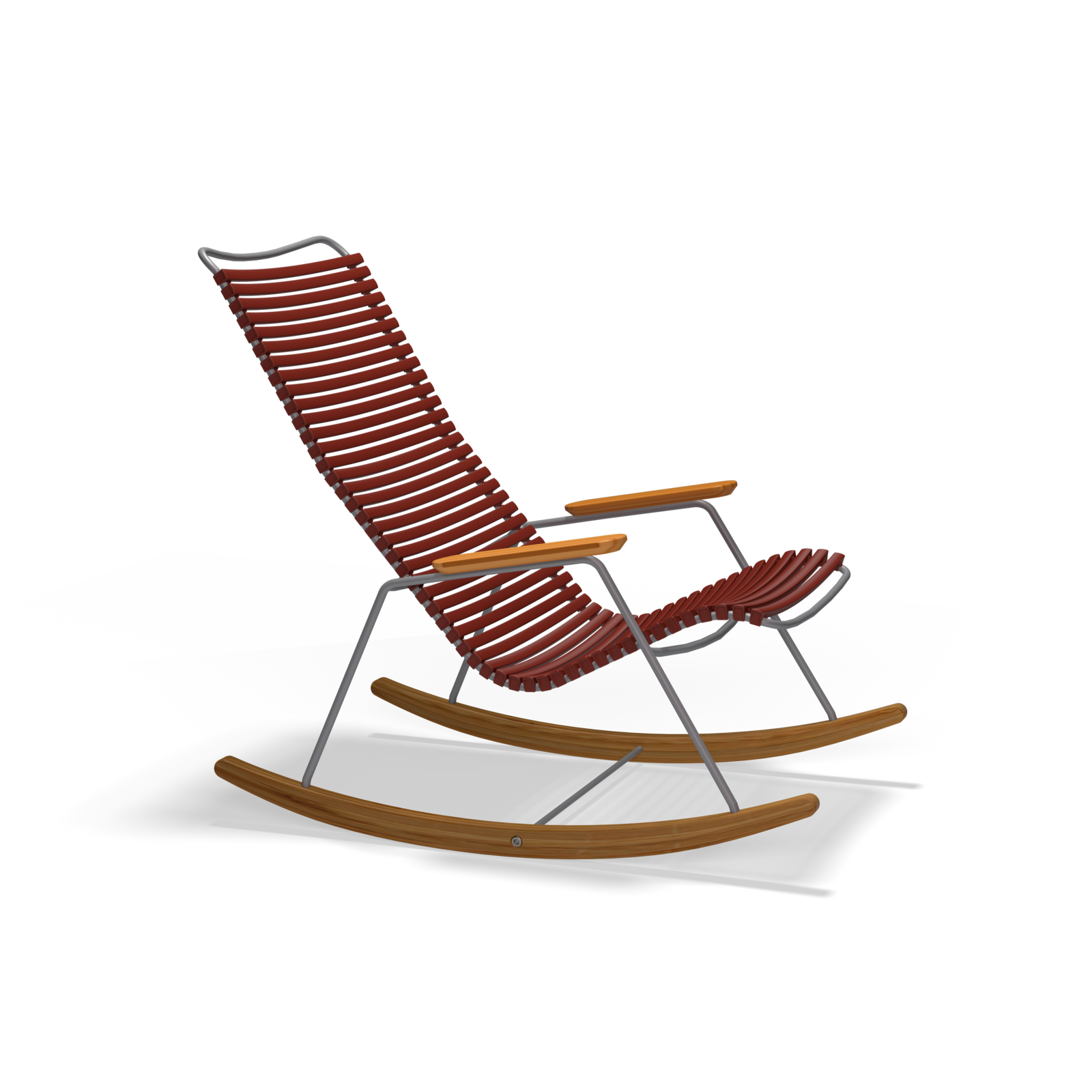 The Click Rocking Chair by Houe combines a sleek curved metal frame of powder-coated steel with a striking red slatted seat and backrest. Light wood armrests and rockers elegantly contrast against the simple black background.