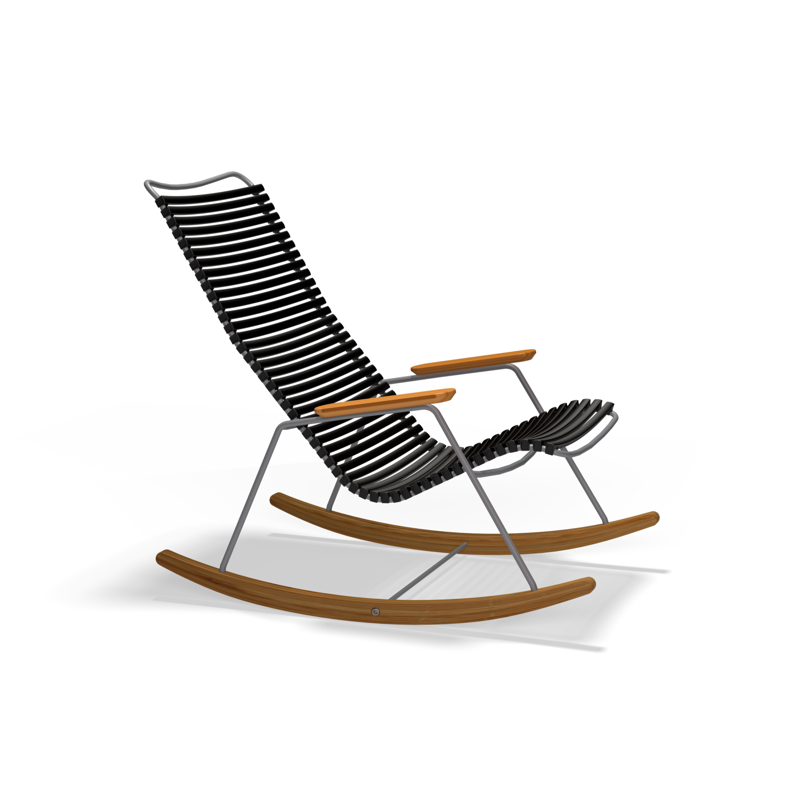 The Houe Click Rocking Chair showcases a modern black and silver design with striped patterns, sleek wooden armrests, and curved rockers. Made for style and comfort, its powder-coated steel elements ensure durability and make it perfect for outdoor lounging against a black backdrop.