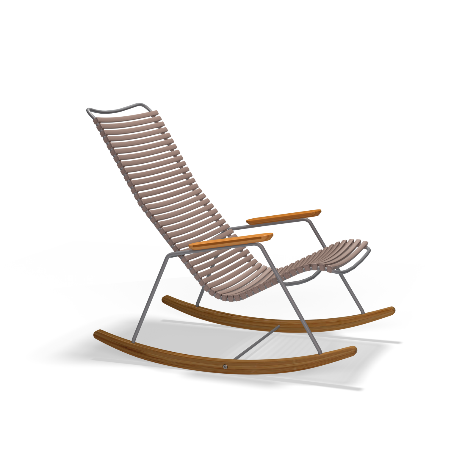 The Click Rocking Chair by Houe has a modern design with weather-resistant plastic lamellas for the seat and backrest. It features a metal frame, light wood rocking legs, and armrests against a solid black background.