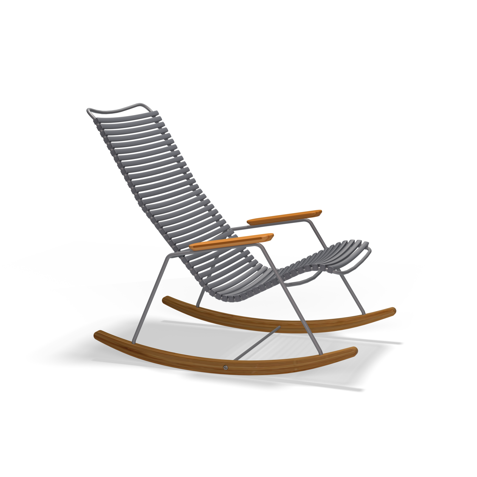 The Houe Click Rocking Chair is a modern outdoor chair featuring a grey woven seat and backrest, wooden armrests, and curved wooden rocker legs on a sleek black frame, combining style with weather resistance.