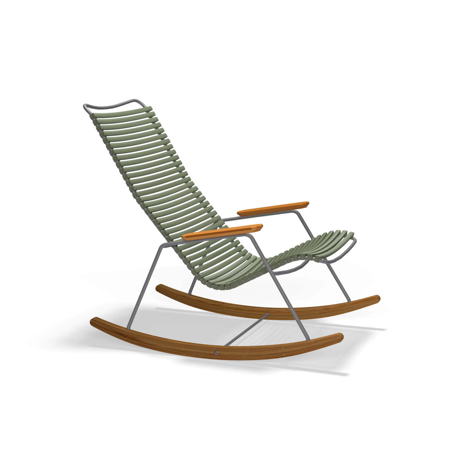 The Click Rocking Chair by Houe features a sleek design with weather-resistant green ribbed seating and backrest. It combines wooden armrests and curved rockers with a metal frame for a contemporary look, perfect for outdoor spaces. The background is solid black.