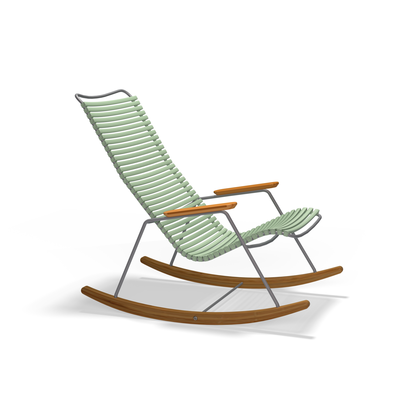 The Click Rocking Chair by Houe is a modern outdoor chair featuring light green ribbed cushions on a slim metal frame with wooden armrests and rocker legs, all set against a solid black background.