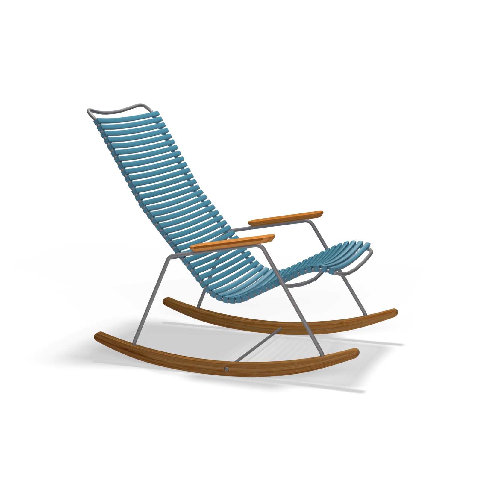 The Click Rocking Chair by Houe is a modern outdoor piece with weather-resistant blue plastic slats for the seat and backrest, supported by a metal frame with wooden armrests. Curved wooden rockers enhance its design against a solid black background.