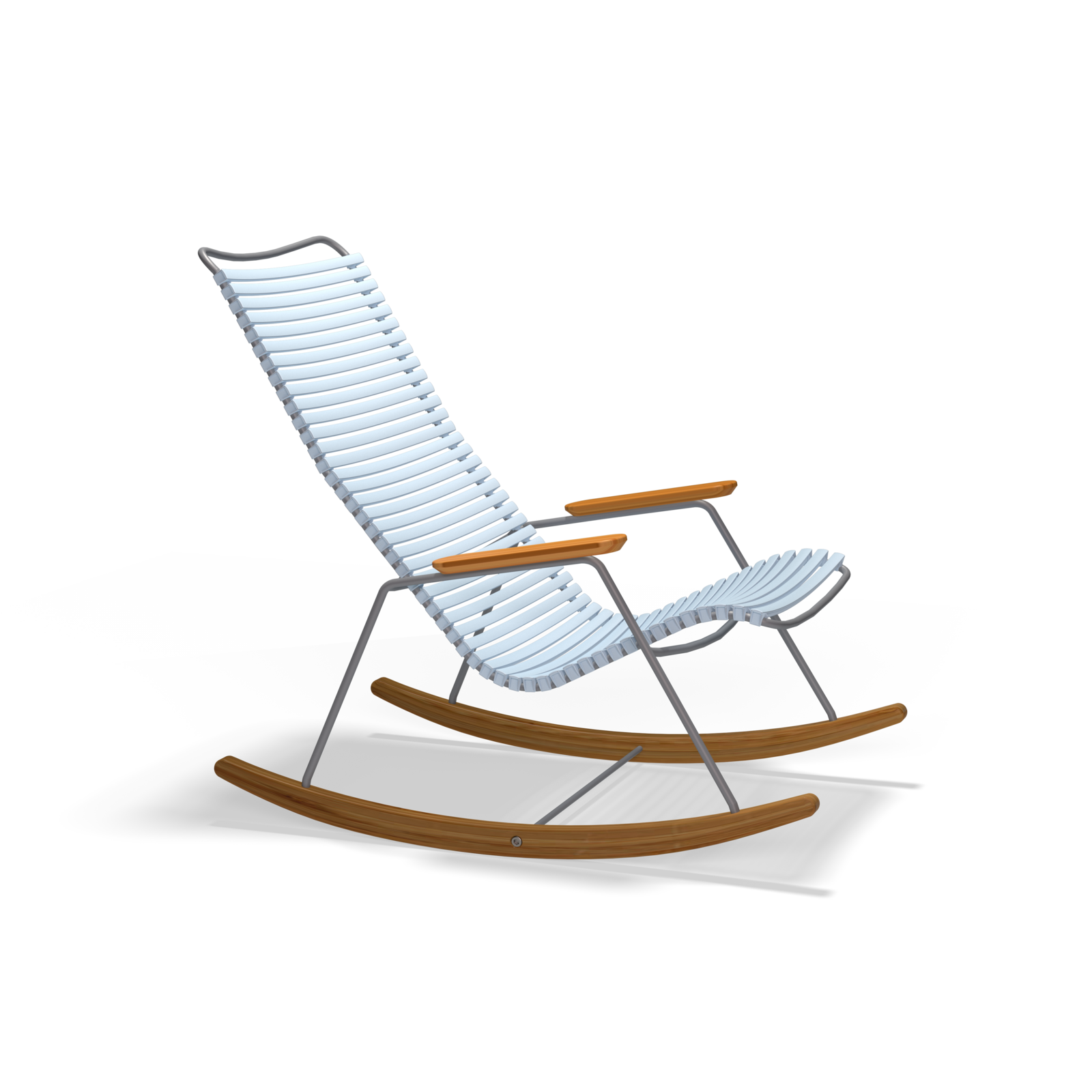The Click Rocking Chair by Houe offers a sleek, modern design with white plastic lamellas for the seat and backrest, wooden armrests, and curved wooden rockers against a black background. Perfect for outdoor use.