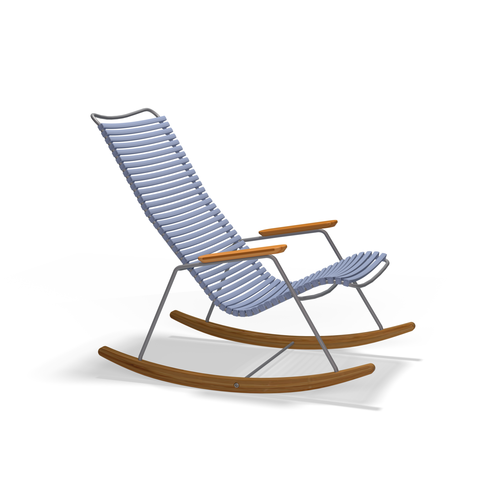 The Houe Click Rocking Chair combines stylish weather-resistant blue cushioned slats with wooden armrests and rocker legs. Its sturdy metal frame ensures durability, making it perfect for outdoor settings, all set against a classic black backdrop.