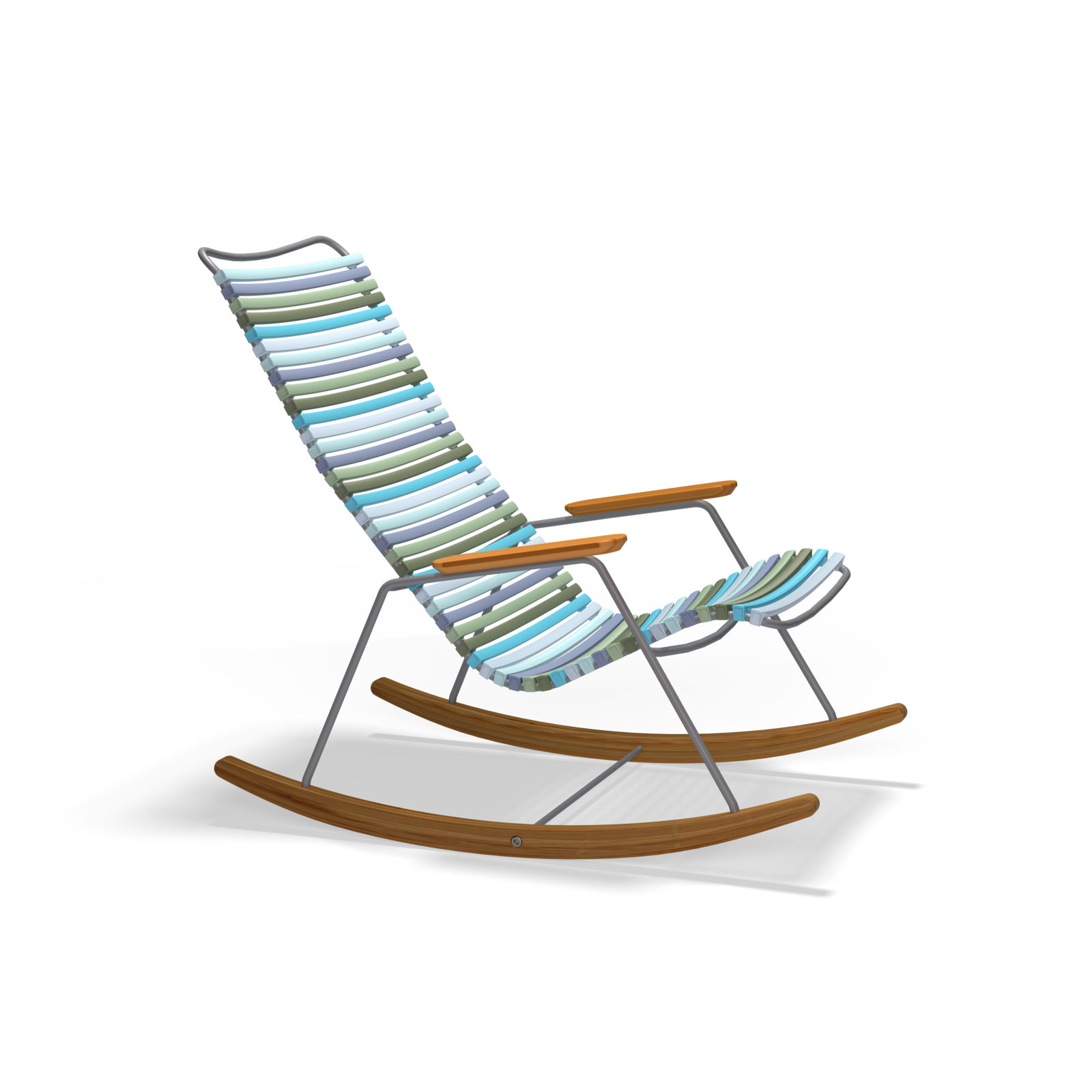 The Click Rocking Chair by Houe features a striped fabric seat in blue, green, and white. Its sleek design is highlighted by a black background, with a frame made of powder-coated steel and curved wooden rockers and armrests.