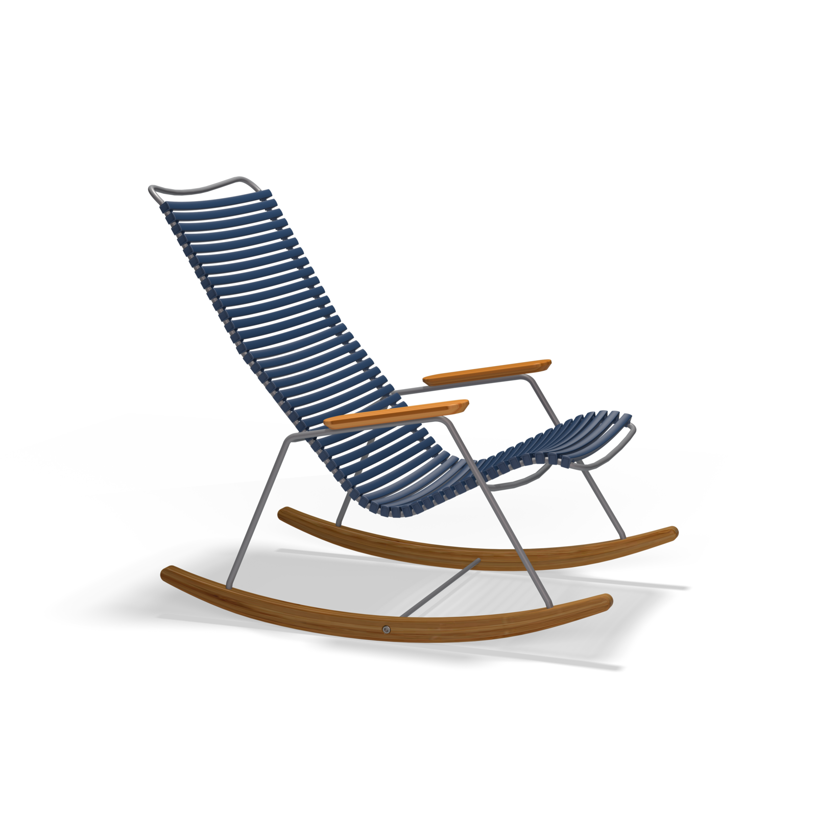 The Click Rocking Chair by Houe is a modern piece with a sleek metal frame, blue weather-resistant plastic lamellas for the back and seat, wooden curved rockers and armrests, ideal for outdoor settings against a black background.