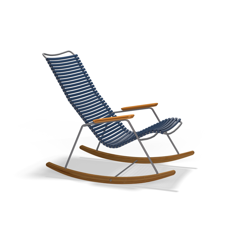 The Click Rocking Chair by Houe is a modern piece with a sleek metal frame, blue weather-resistant plastic lamellas for the back and seat, wooden curved rockers and armrests, ideal for outdoor settings against a black background.