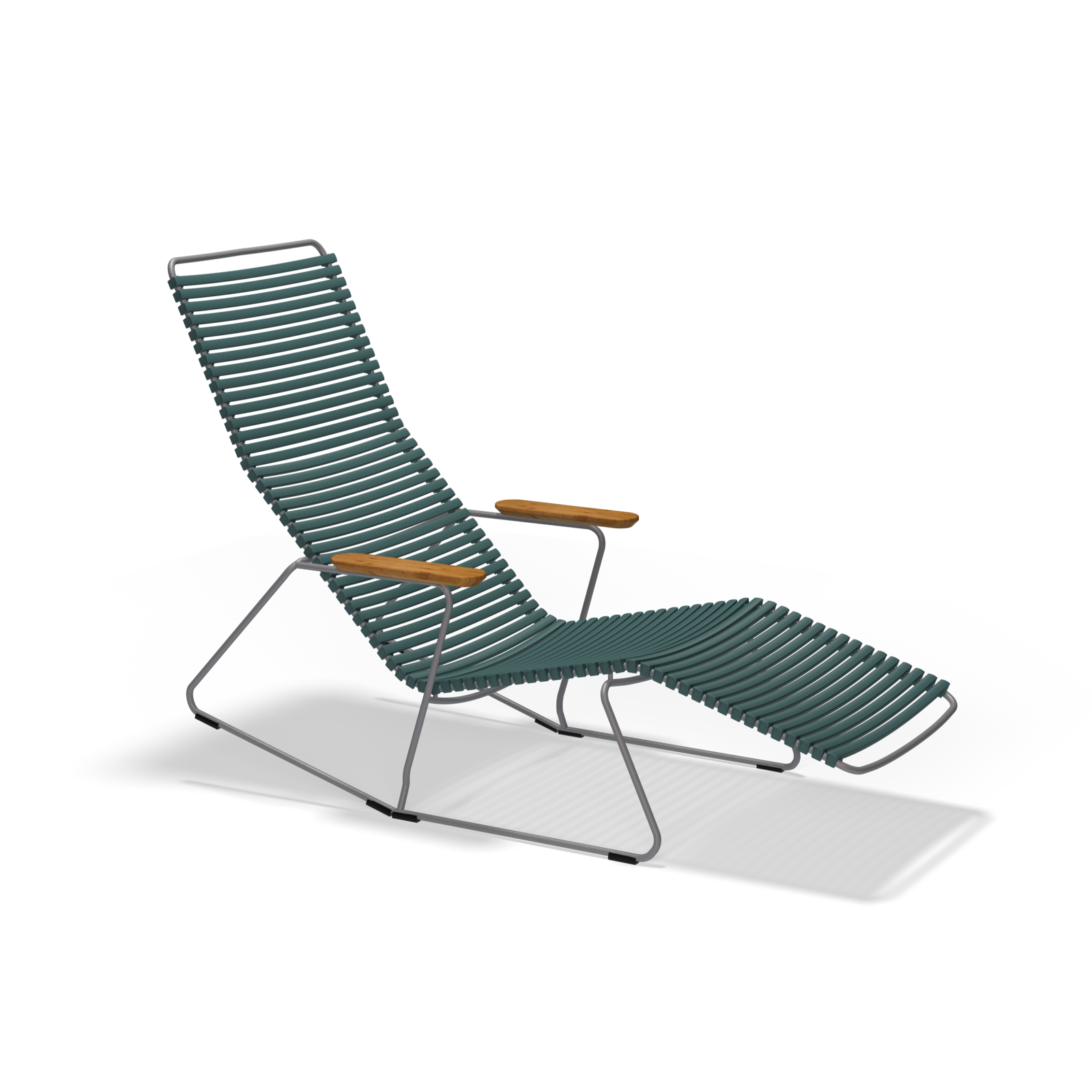 The Click Sunrocker by Houe is a contemporary outdoor chair featuring a sleek metal frame, teal rope seat and backrest, wooden armrests, and an extended leg rest, all set against a solid black background.