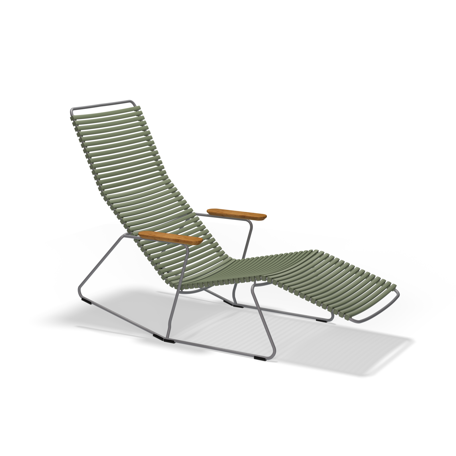 The Houe Click Sunrocker is a modern outdoor lounge chair featuring a green slatted design and wooden armrests, supported by a slender powder-coated steel frame. It includes an extended leg rest for a sleek, minimalistic look against the black background.