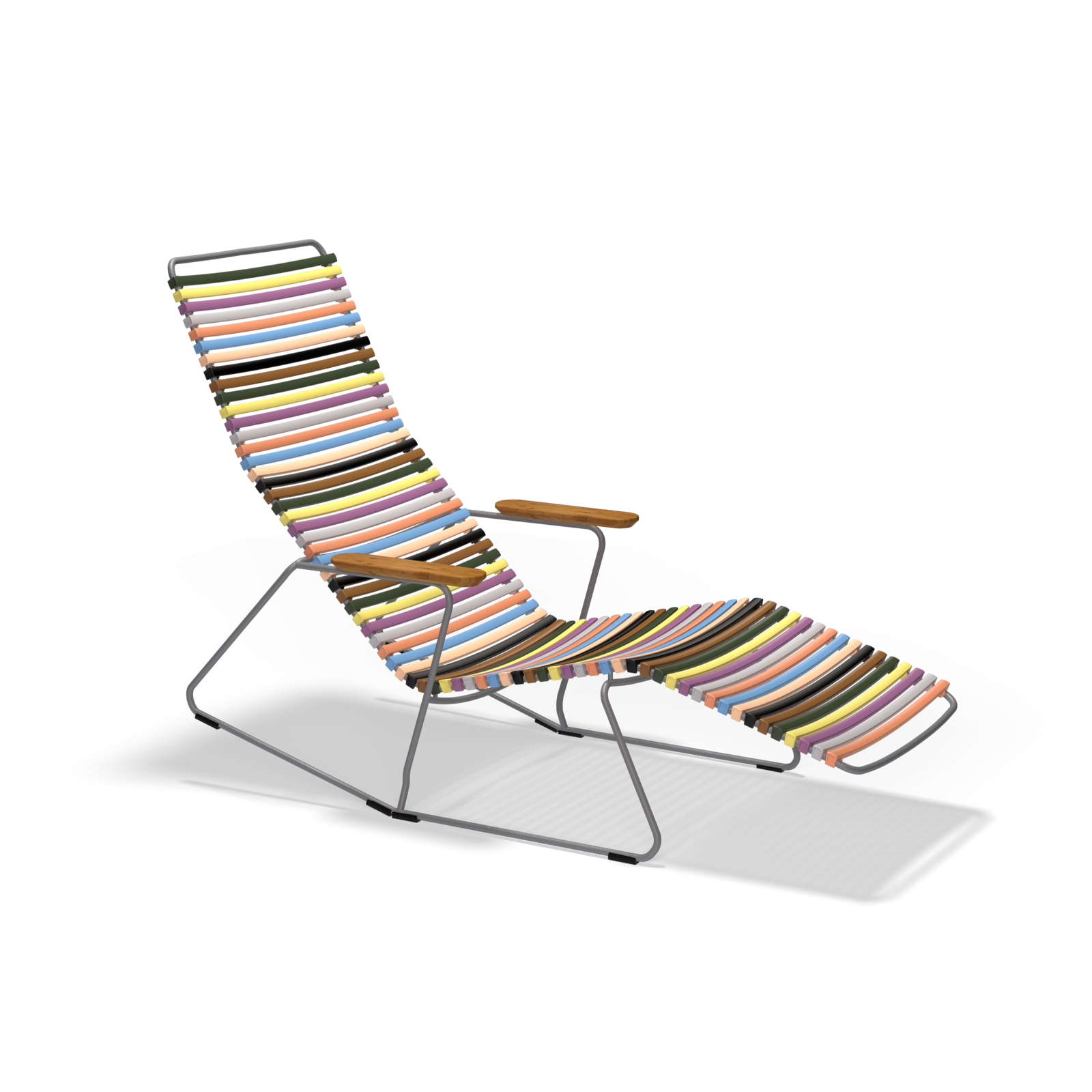 The Click Sunrocker by Houe is a vibrant lounge chair featuring a metal frame, wooden armrests, and colorful horizontal plastic lamellas on the seat and backrest, perfect for enhancing any patios modern aesthetic.