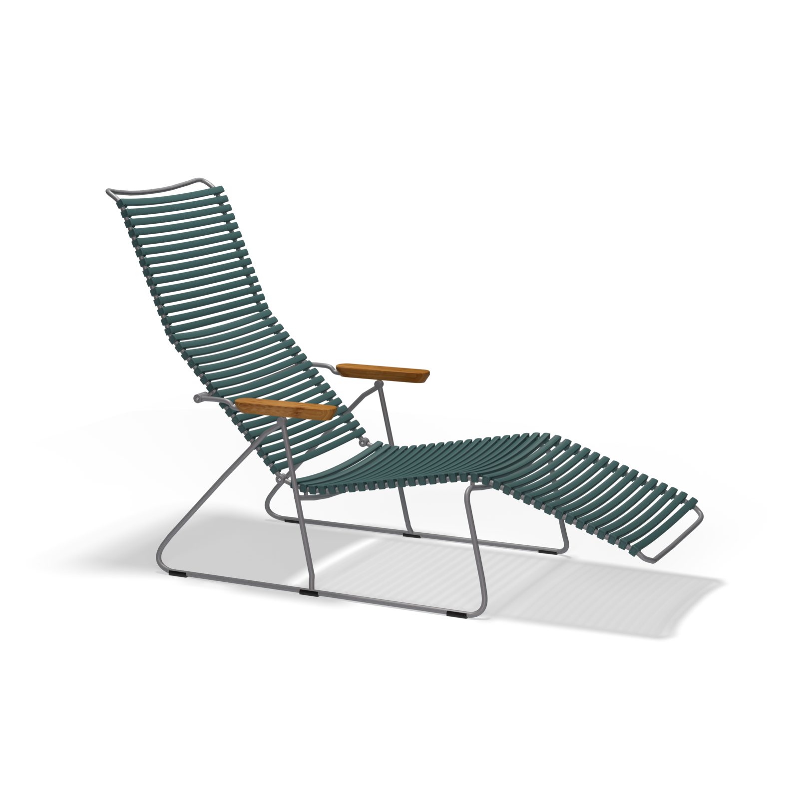 The Click Sunlounger by Houe is a modern chair featuring a metal frame, teal woven seat, and wooden armrests. Designed for comfort without cushions, it offers UV protection, a high back, and extended leg support. Perfect for indoor or outdoor use against a plain black background.